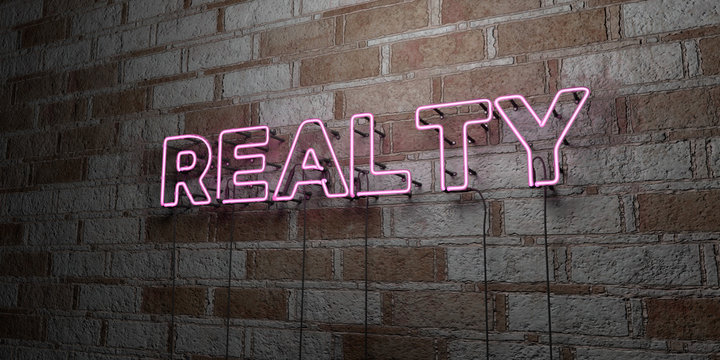 REALTY - Glowing Neon Sign on stonework wall - 3D rendered royalty free stock illustration.  Can be used for online banner ads and direct mailers..