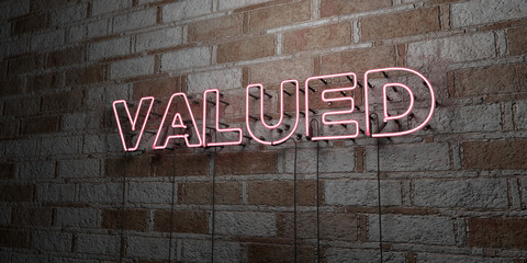 VALUED - Glowing Neon Sign on stonework wall - 3D rendered royalty free stock illustration.  Can be used for online banner ads and direct mailers..