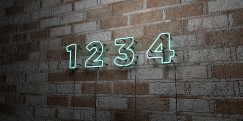 1 2 3 4 - Glowing Neon Sign on stonework wall - 3D rendered royalty free stock illustration.  Can be used for online banner ads and direct mailers..