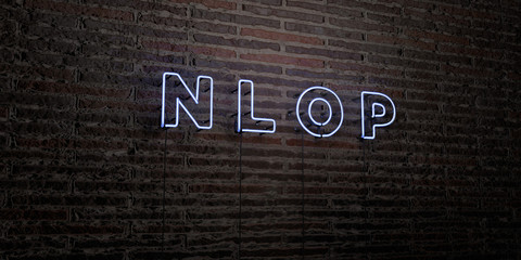 N L O P -Realistic Neon Sign on Brick Wall background - 3D rendered royalty free stock image. Can be used for online banner ads and direct mailers..