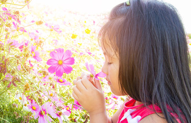 childl in cosmos flower fields