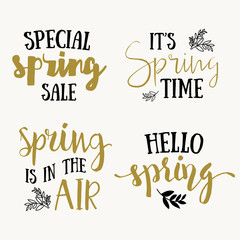 It's Spring time hand drawn brush lettering, black and gold isolated on white. Vector design lettering for spring sales, banners, advertisement, posters, prints, greeting cards, t-shirts