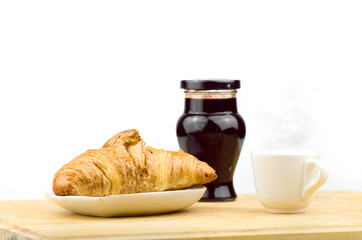 Tasty Butter Croissant, Jar Of Sweet Cherry Jam And Hot Coffee Breakfast On Wooden Table
