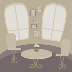 Illustration of cafe table with two chairs.