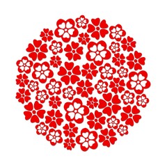 Red paper cut flowers circle on white background.