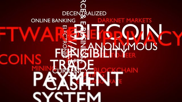 Bitcoin, money, anonymous word tag cloud. Red variant. 3D rendering, UHD.