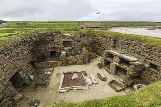 Excavated 5000 year old village site of Skara Brae, on Mainland Island, Orkney Archipelago, Scotland