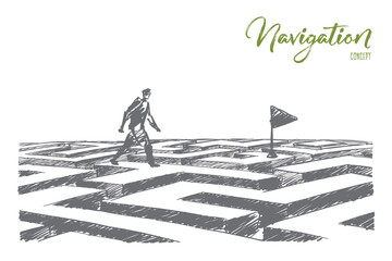 Vector hand drawn navigation concept sketch. Man walking alone above maze towards navigation flag. Lettering Navigation concept