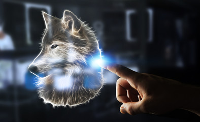 Person touching fractal endangered wolf illustration 3D renderin