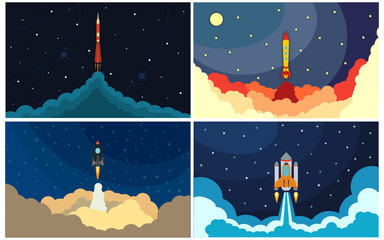 Set of space rocket launch. Vector illustration with flying rocket. Space travel. Project development. Creative idea.   © dniprodd