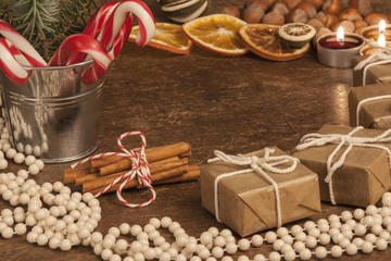 Christmas composition with winter holiday symbols