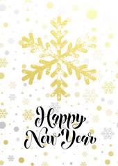 Happy New Year gold glitter snowflake greeting card text lettering