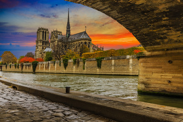 Picturesque cityscape of Seine and Cathedral of Notre Dame