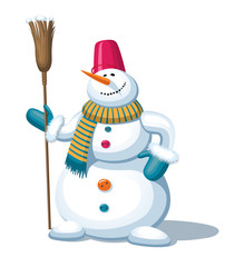 Christmas snowman with the carrot, broom, scarf, bucket on the head and mittens. Smiling cute cartoon character isolated on white background. Vector illustration