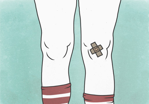 Illustration of bandage on knee against green background representing injury