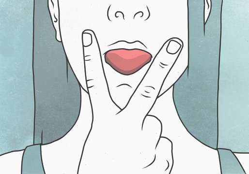 Illustration of woman with V sign against face representing obscene gesture