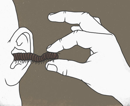 Illustration of man pulling maggot from ear against colored background