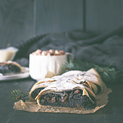 strudel on black background