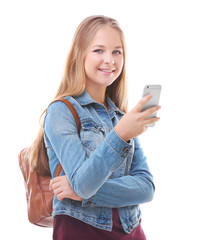 Beautiful teenager with smart phone on white background