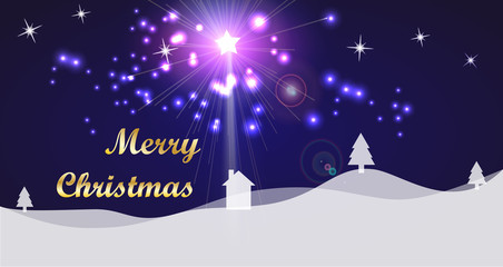 Fototapeta na wymiar Merry Christmas Golden Typography and Bright Star on a Dark Blue Winter Lanscape