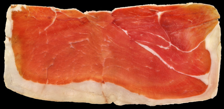 Slice of  Prosciutto Dry Cured Pork Ham Isolated on Black Background