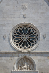 Facade details of the church in the center of Muggia, Italy