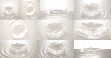 Set splash of milk. 3d illustration, 3d rendering.