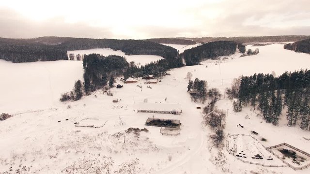 Farm in Russia, Bashkortostan. Horse breeding. Aerial view