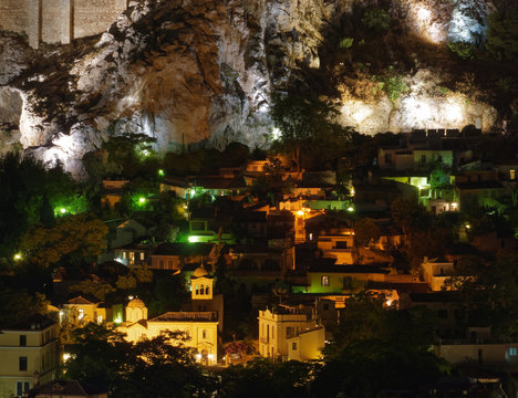 Athens Greece, aerial night view of Plaka old neighborhood