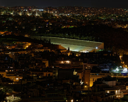 Athens Greece, night view of the renovated ancient stadium "Panathenian"