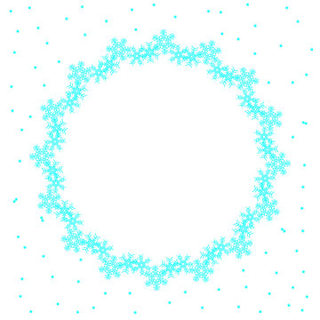 Border or frame of blue snowflakes  with snow, isolated on white background