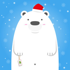 Merry Christmas white polar bear wear Santa hat on snow flake blue background.