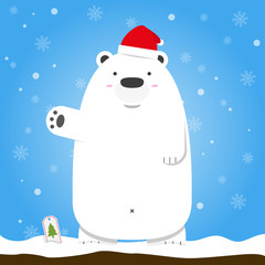 Merry Christmas white polar bear wear Santa hat standing on snow flake blue background.