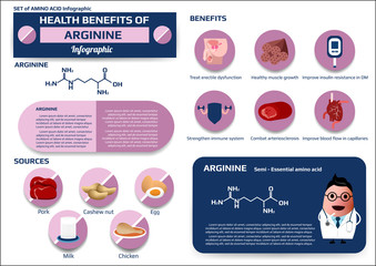 Health benefits of arginine (essential amino acid) infographic, supplement and nutrition vector illustration