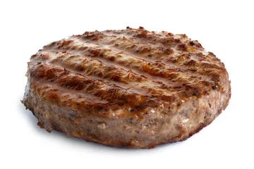 Gartenposter Single grilled hamburger patty isolated on white. © Moving Moment