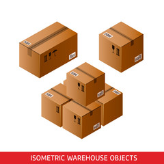 Fototapeta premium Isometric cardboard boxes sealed with Tape Dispenser. 3D vector warehouse objects isolated on white. Delivery, shipping, packaging concept. Storage items. Brown carton, crates. Logistic theme