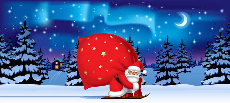 Santa Claus by ski with a red big sack