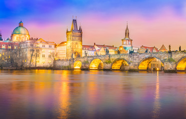 Obraz na płótnie Canvas Vltava river, Charles Bridge and the towers in Prague, Czech Republic