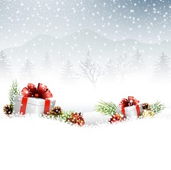 Fototapeta na wymiar Christmas balls with gift, fir and pine cone on the snow 