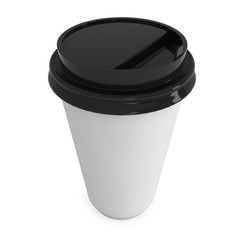 Disposable coffee cup. Blank paper mug with black plastic cap. 3d render isolated on white background