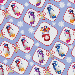 Naklejka premium Penguins with gifts. Seamless pattern. Design for textile, wrapping paper for gifts
