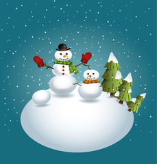 vector illustrations with snowman and Christmas tree