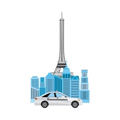 taxi vehicle behind eiffel tower and buildings over white background. travel and tourism concept. colorful design. vector illustration