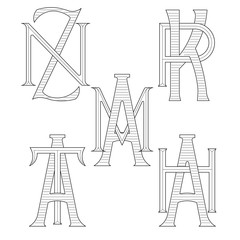 Set of elegant monograms with two letters. ZN KR AM AT AH. Monogram logo identity for author, photographer, restaurant, hotel, heraldic, jewelry.