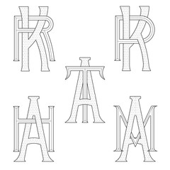 Set of elegant monograms with two letters. KP KR AM AT AH. Monogram logo identity for author, photographer, restaurant, hotel, heraldic, jewelry.