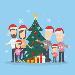 Big happy family in Christmas hats. Vector illustration in flat design