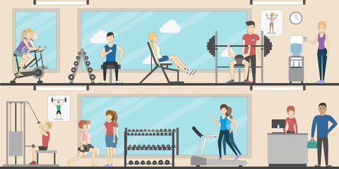 Gym hall set. Fitness and lifting weights. Healthy lifestyle. Fit and sporty people.