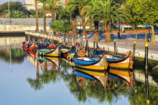 Gondola-like moliceiros boats anchored along the Central Channel, Aveiro, Beira, Portugal