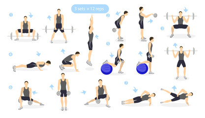 Fototapeta na wymiar Leg workout set on white background. Man showing exercises. Cardio and weights.
