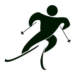 Isolated ski icon on white. Black figure of an athlet on white background. Person with sticks and ski.